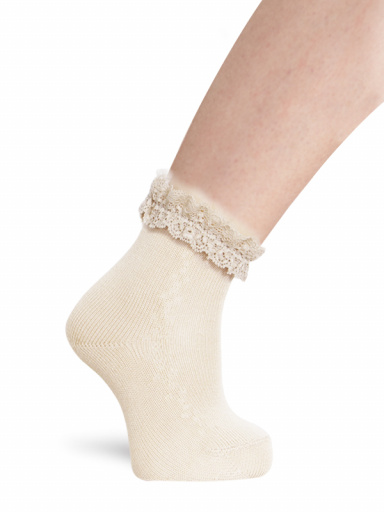 Calcetines cortos calados con puntilla y tul Marfil Ivory