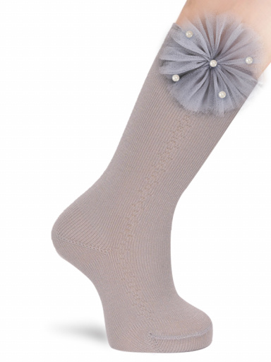 Calcetines Altos Calados con flor de tul y perlas Perla Pearl